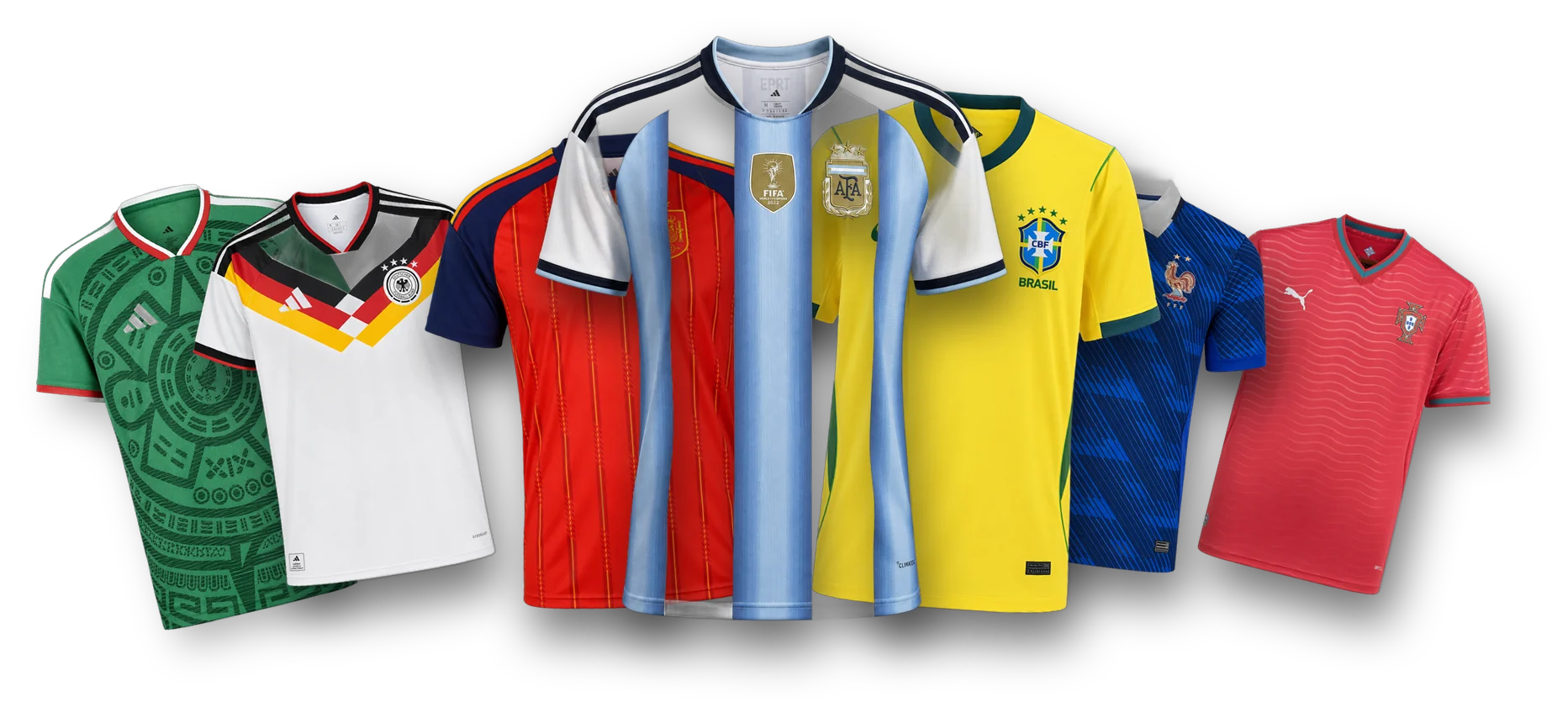 Maglie delle nazionali: Messico, Germania, Spagna, Argentina, Brasile, Francia e Portogallo