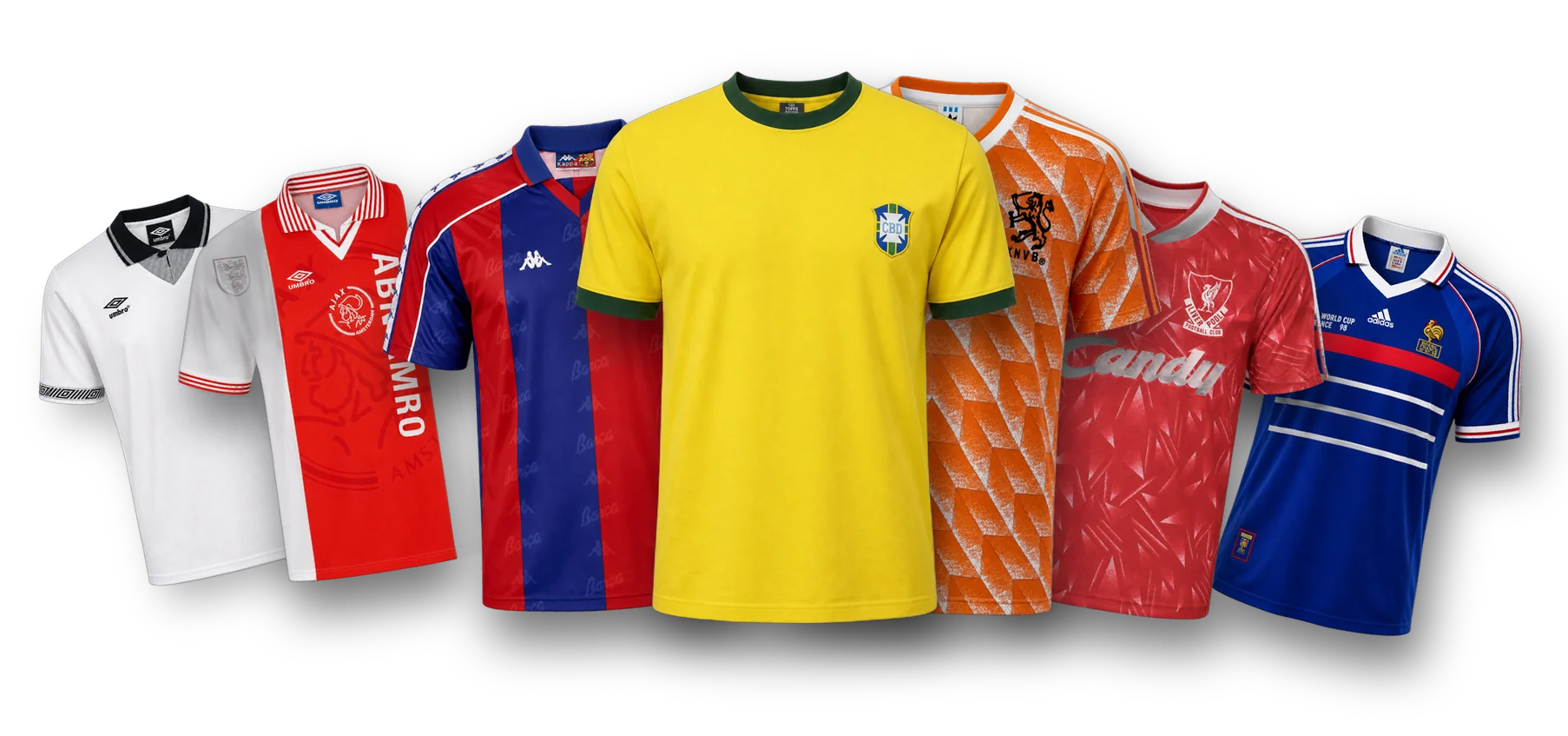 Maglie retrò: Inghilterra 1990, Ajax, Barcellona, Brasile 1970, Paesi Bassi 1988, Liverpool e Francia 1998