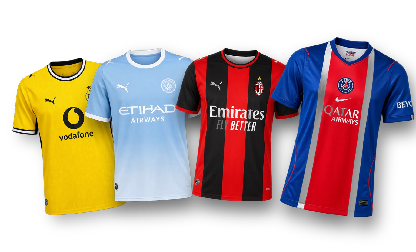 Quattro maglie: Borussia Dortmund, Manchester City, AC Milan e Paris Saint-Germain